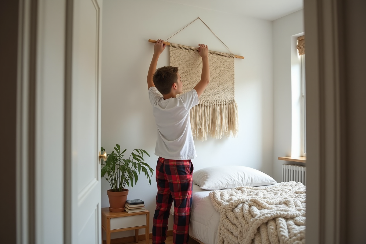 Adolescent accrochant une décoration murale dans sa chambre