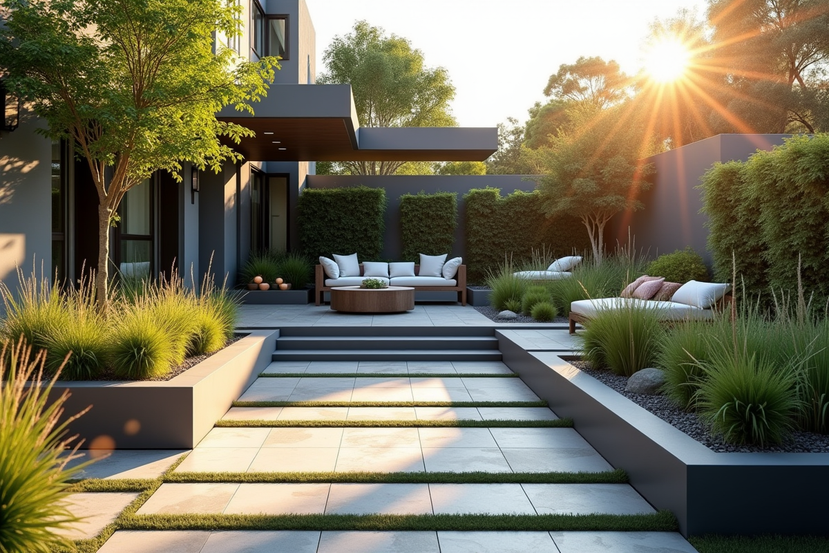 Aménagement moderne de jardin avec plantes et allées