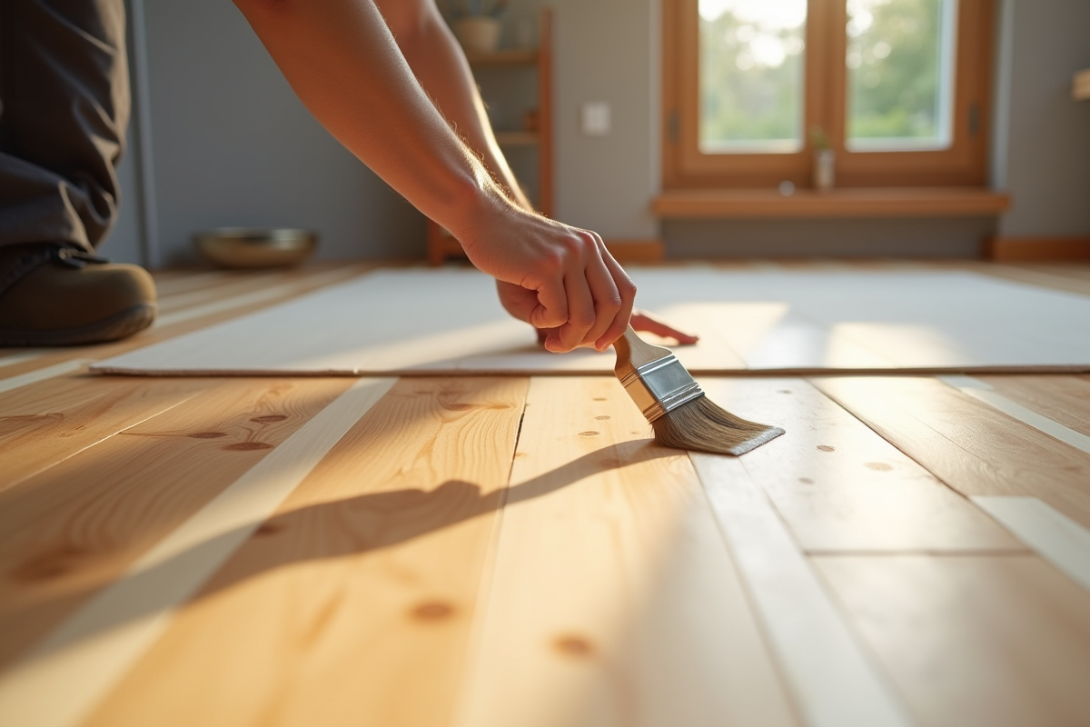 Mains appliquant du vernis sur parquet avec pinceau en intérieur moderne