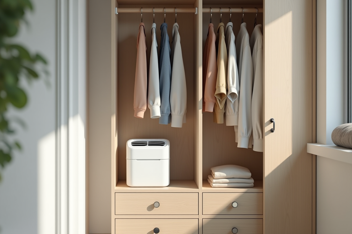 Armoire ouverte avec déshumidificateur dans un intérieur propre