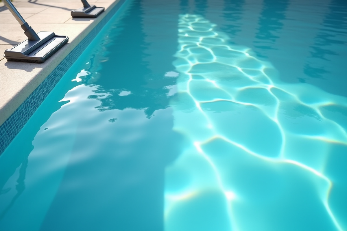 Détail du bord de piscine avec outils de nettoyage