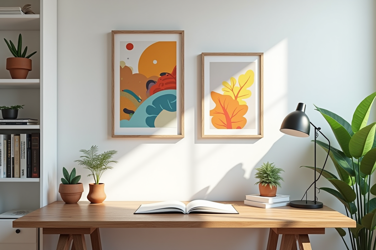 Coin bureau chaleureux avec œuvres colorées et plantes