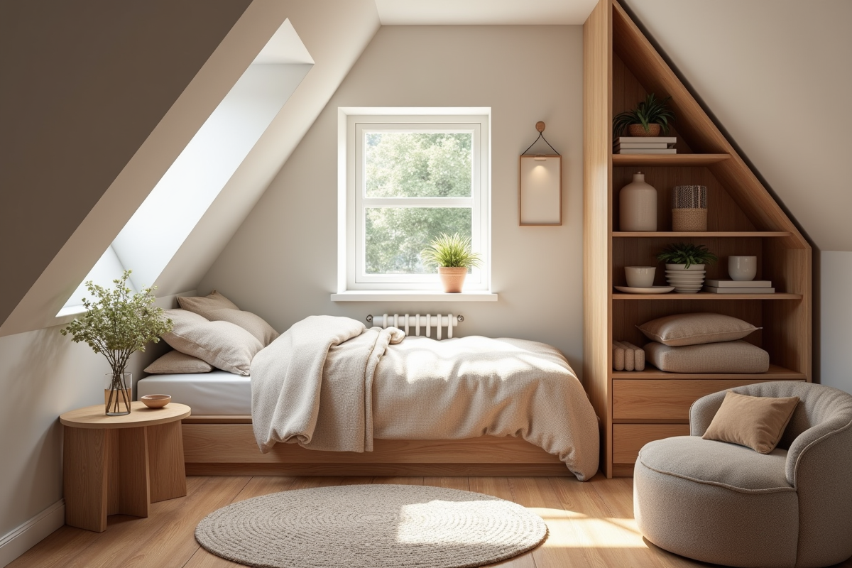 Chambre sous combles avec lit simple et espace optimisé