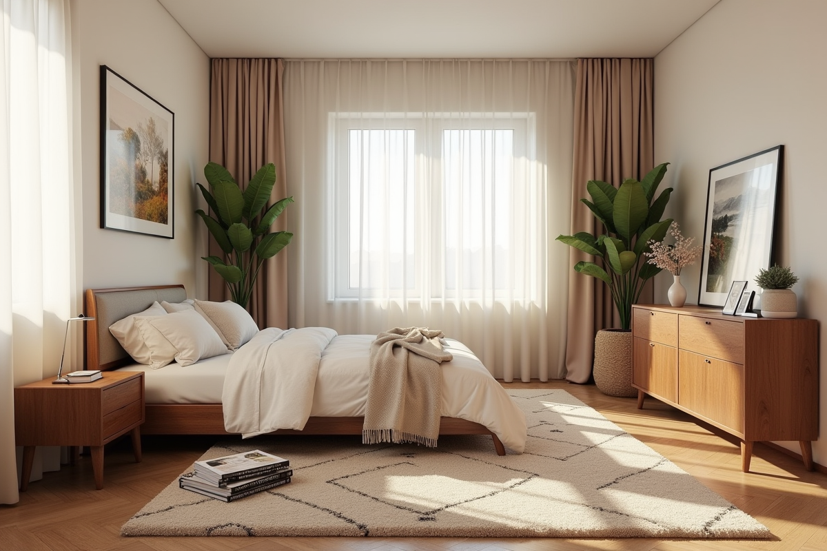 Chambre cosy avec tapis beige et mobilier midcentury