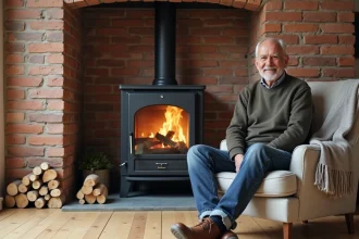 Homme assis près d'une cheminée moderne dans un salon chaleureux