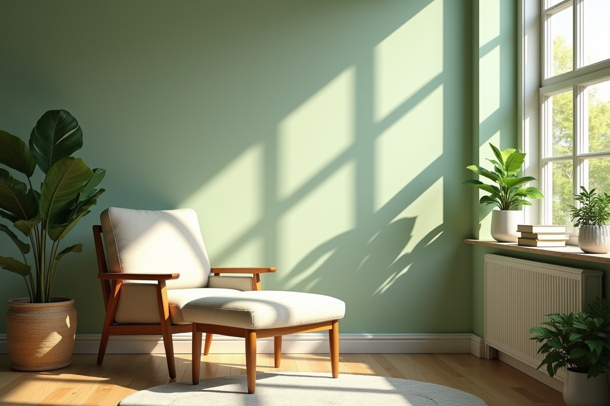 Coin lecture confortable avec murs verts et plantes
