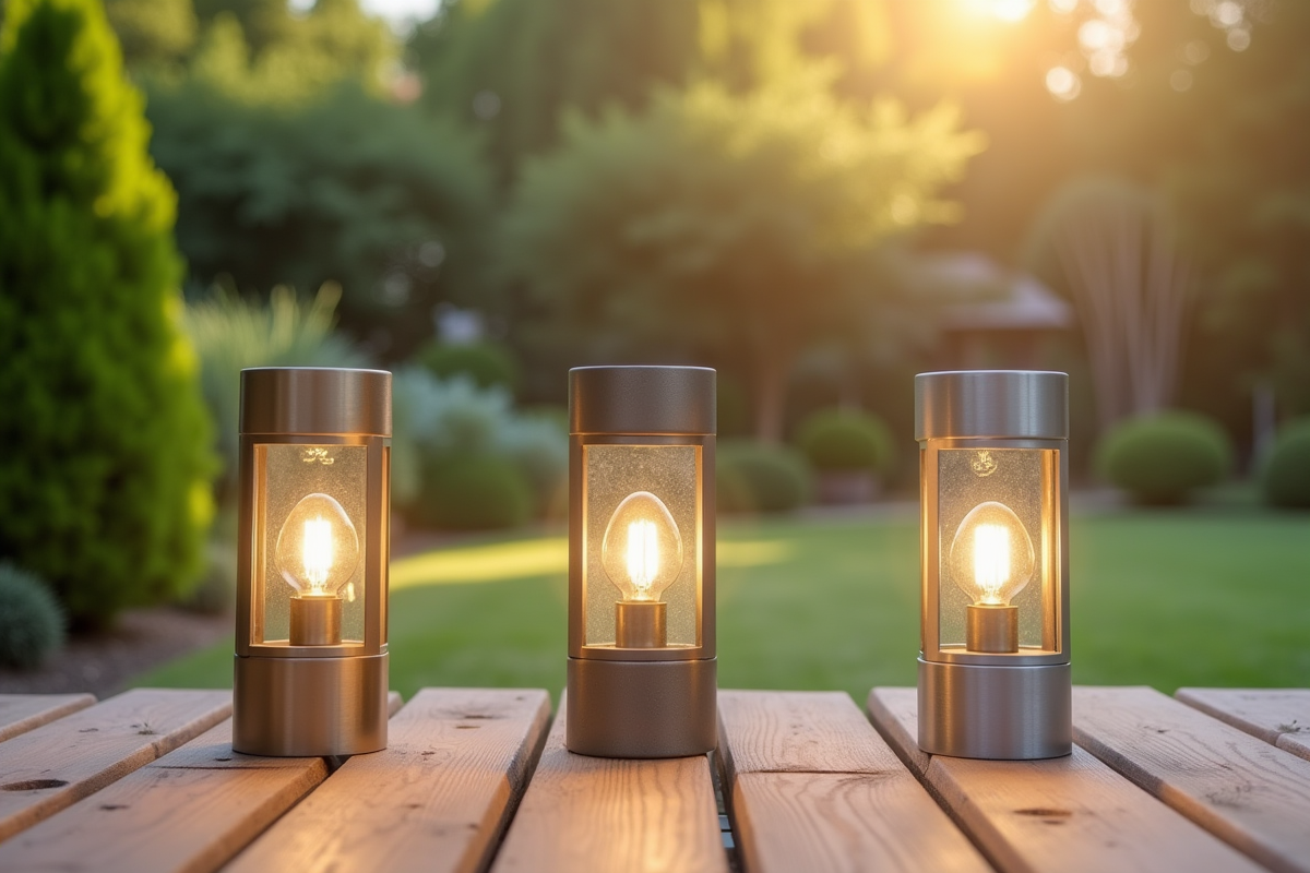 Comparaison de luminaires extérieurs en métal sur table en bois