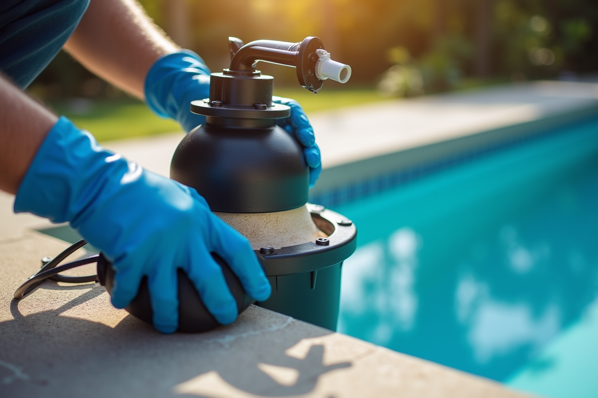Technicien manipulant un filtre à sable de piscine en extérieur sous le soleil
