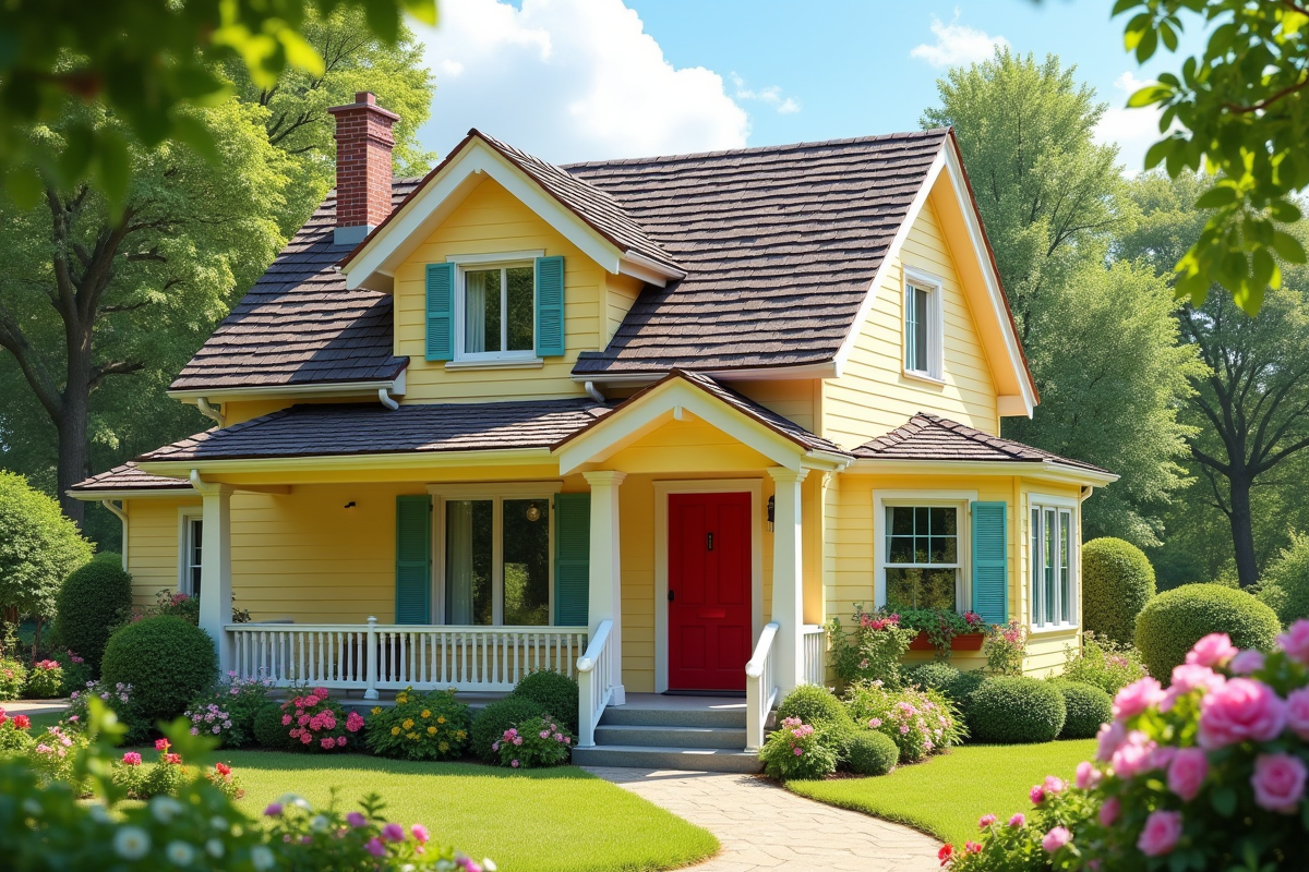 Charmant cottage jaune avec porte rouge et jardin fleuri