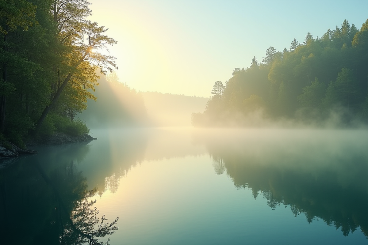 Coucher de soleil sur un lac calme avec brume légère