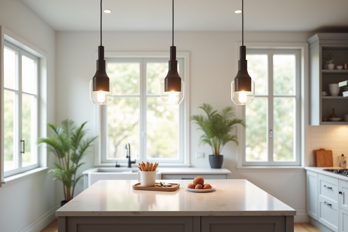 Cuisine moderne avec îlot lumineux et suspensions