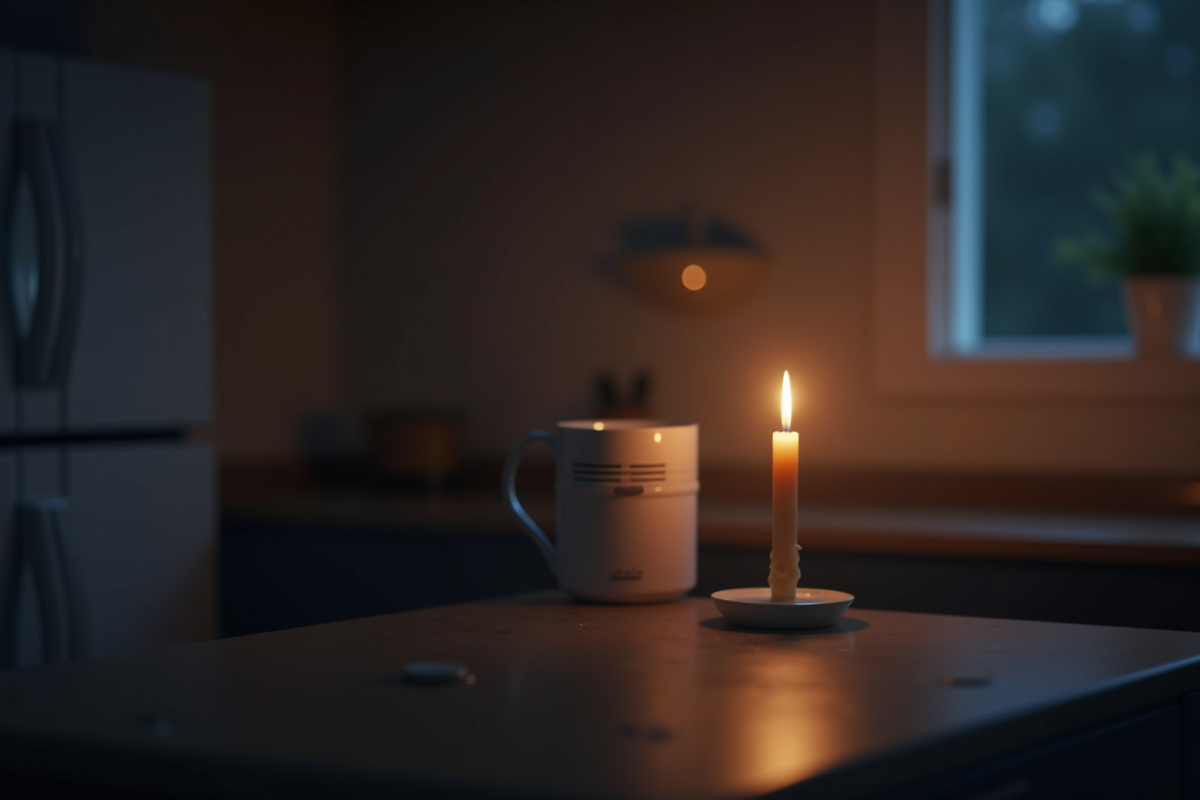 Cuisine moderne la nuit avec bougie allumee sur le plan de travail