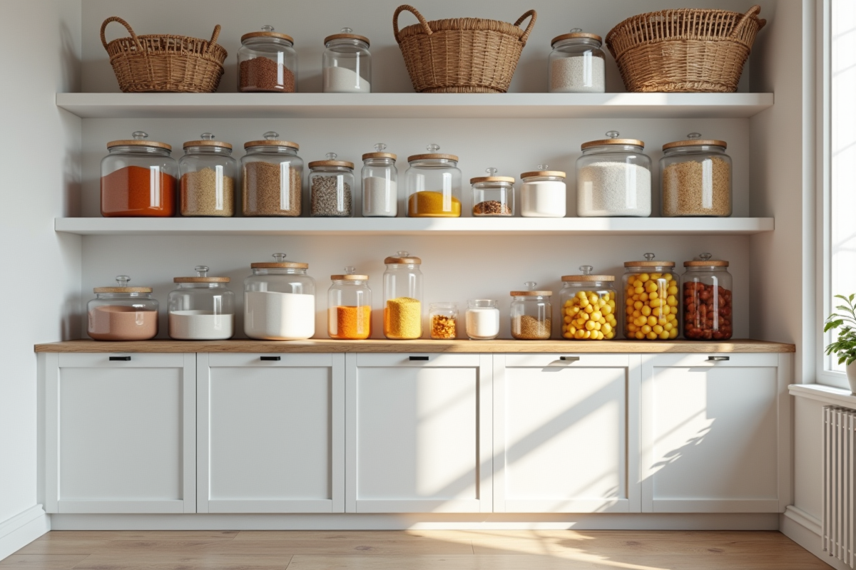Placard de cuisine moderne avec bocaux et paniers bien rangés