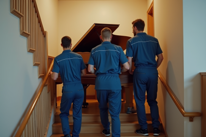 Trois déménageurs professionnels portant un piano dans un immeuble moderne
