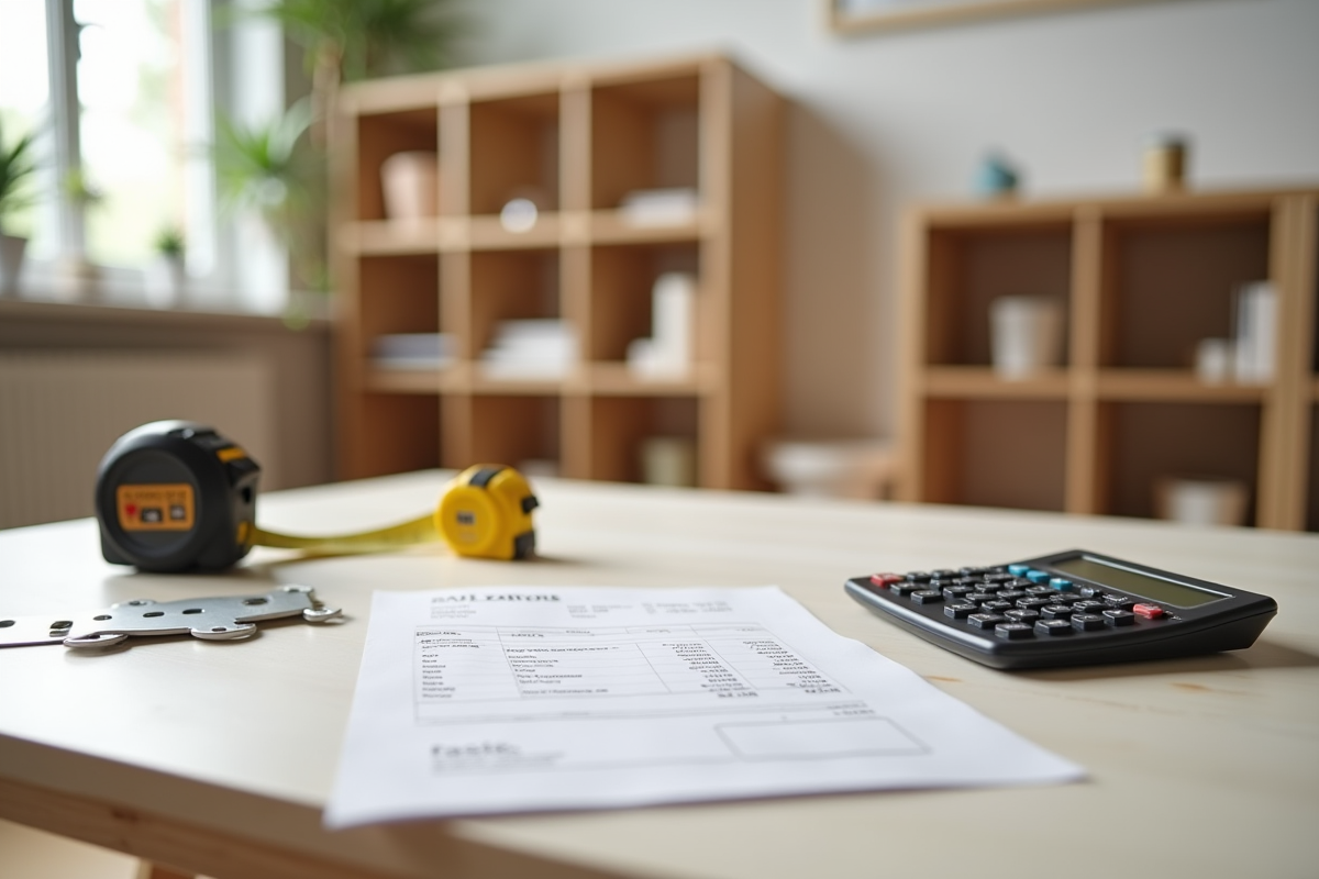 Devis, calculatrice et mètre sur une table avec meuble en kit en cours