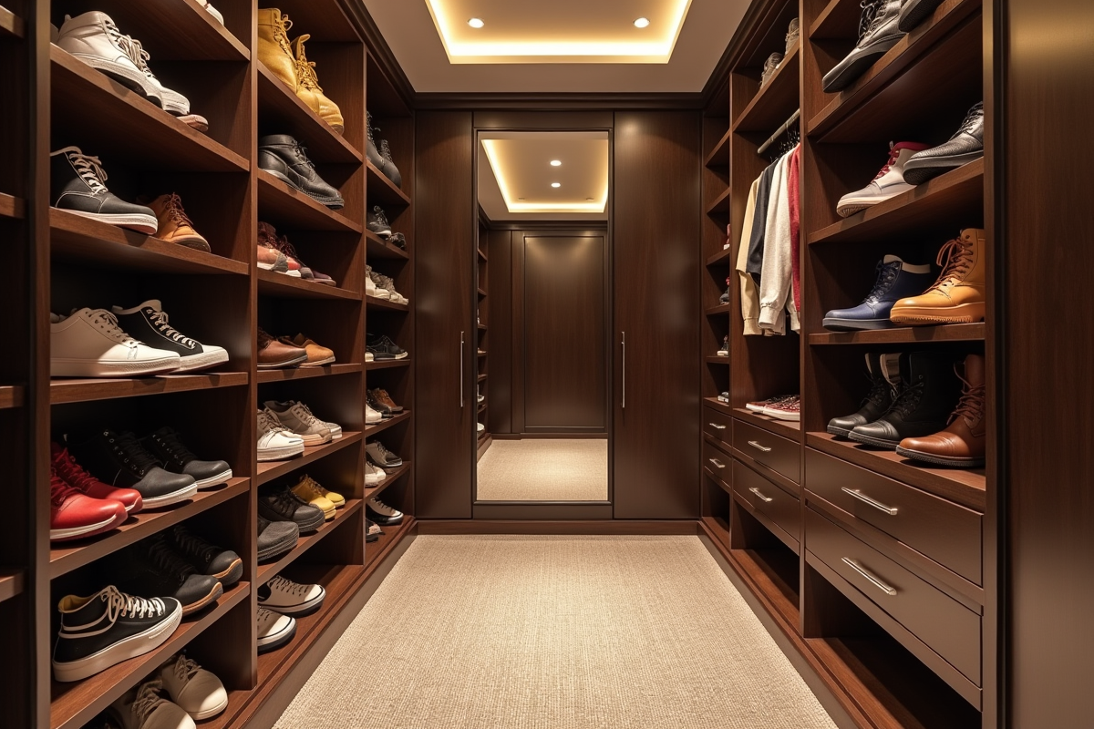 Dressing avec étagères pour chaussures et miroir grand format