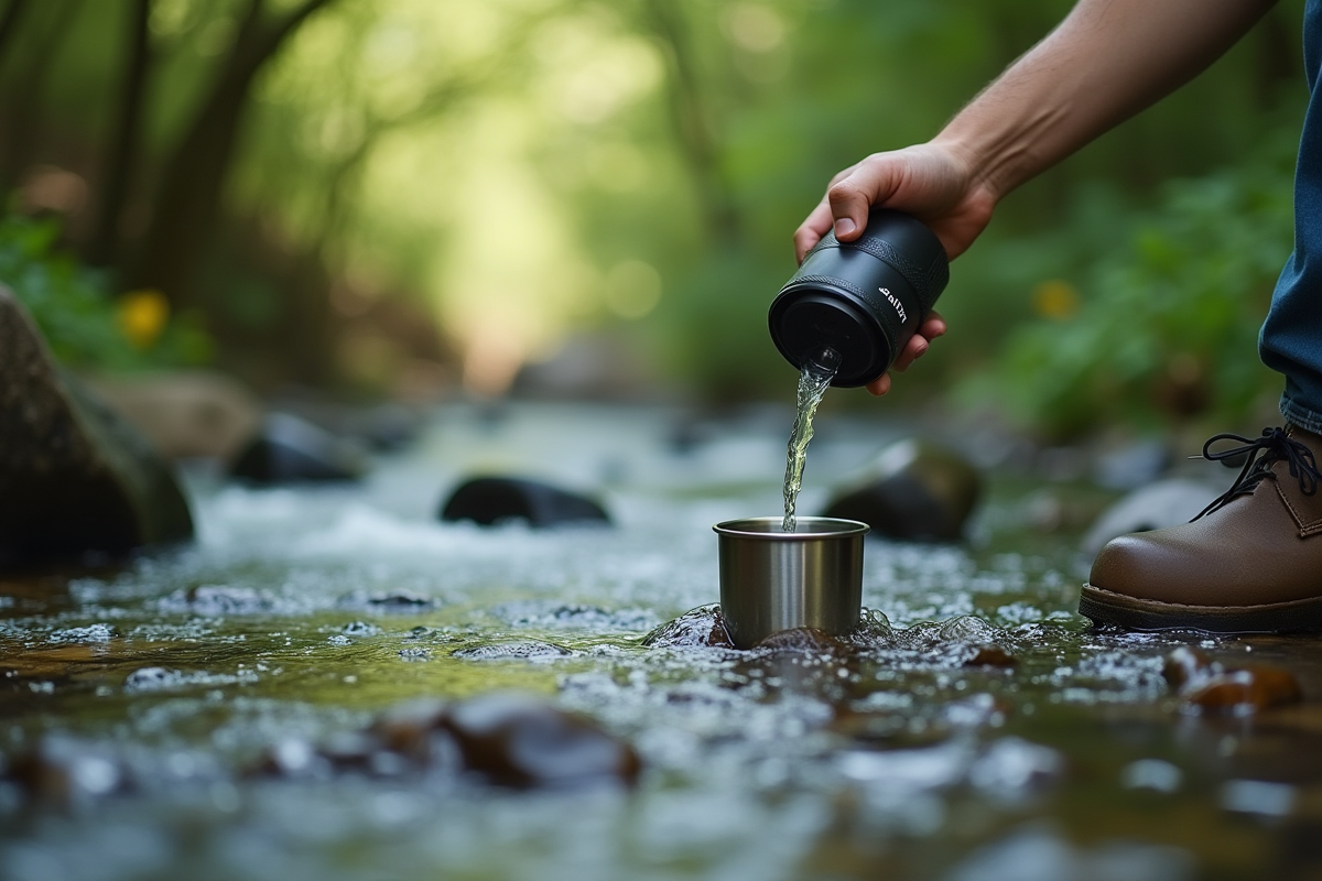 Filtre à eau portable dans une rivière naturelle avec tasse en acier