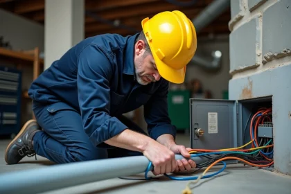 &Eacute;lectricien d'&acirc;ge moyen en tenue de chantier installe un conduit &eacute;lectrique