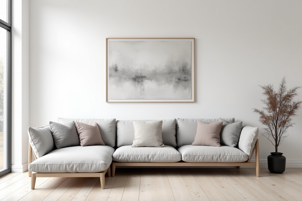 Espace scandinave avec canapé gris et décoration abstraite