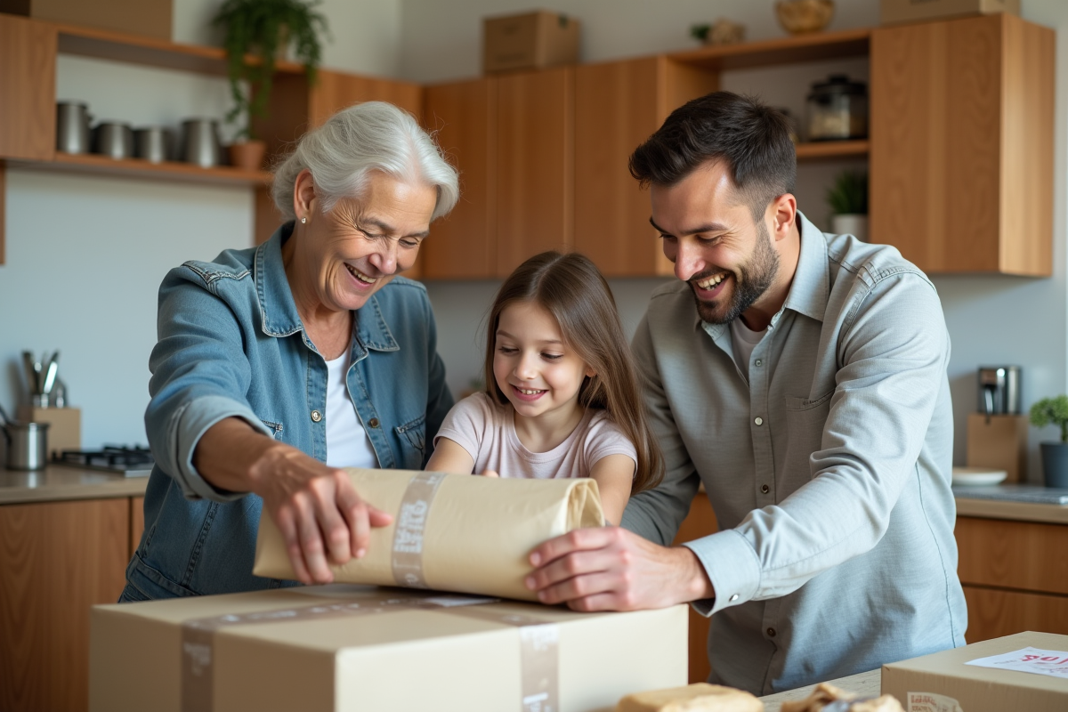 Famille emballant des objets de cuisine ensemble