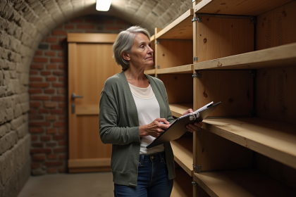 Femme examinant des &eacute;tag&egrave;res vides dans un cellier