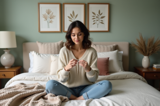 Femme assise sur le lit avec coussins dans une chambre cosy