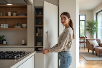 Femme ouvrant un meuble cuisine avec frigo intégré