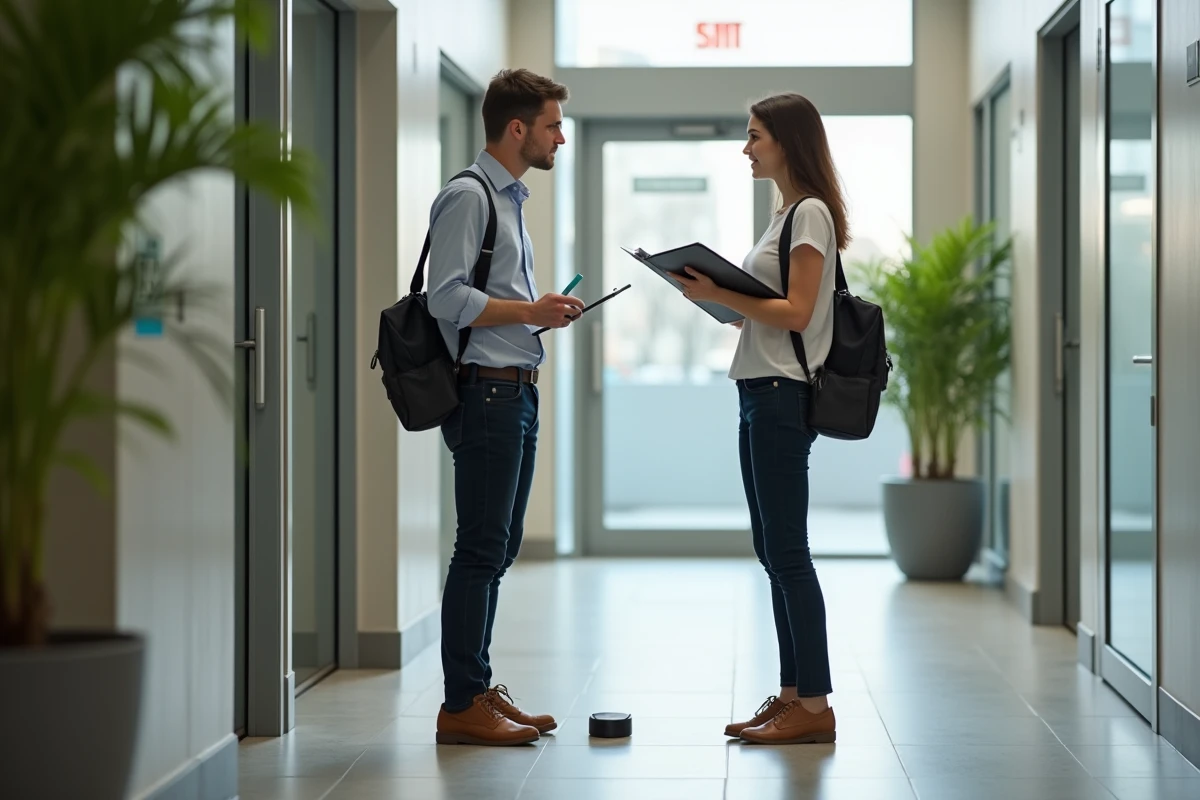 Femme professionnelle discutant de deratisation avec un technicien