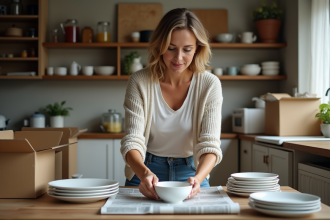Femme emballant des plats dans du journal dans une cuisine