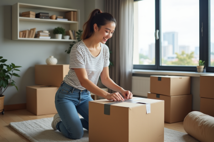 Jeune femme souriante emballant une boîte de déménagement dans un appartement moderne