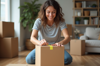 Femme souriante emballant une boxe dans un salon moderne