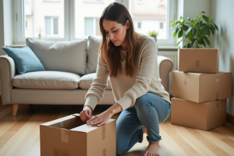Femme emballant une boxe de déménagement dans un salon