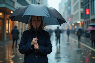 Femme en imperméable marine face au vent sous la pluie en ville