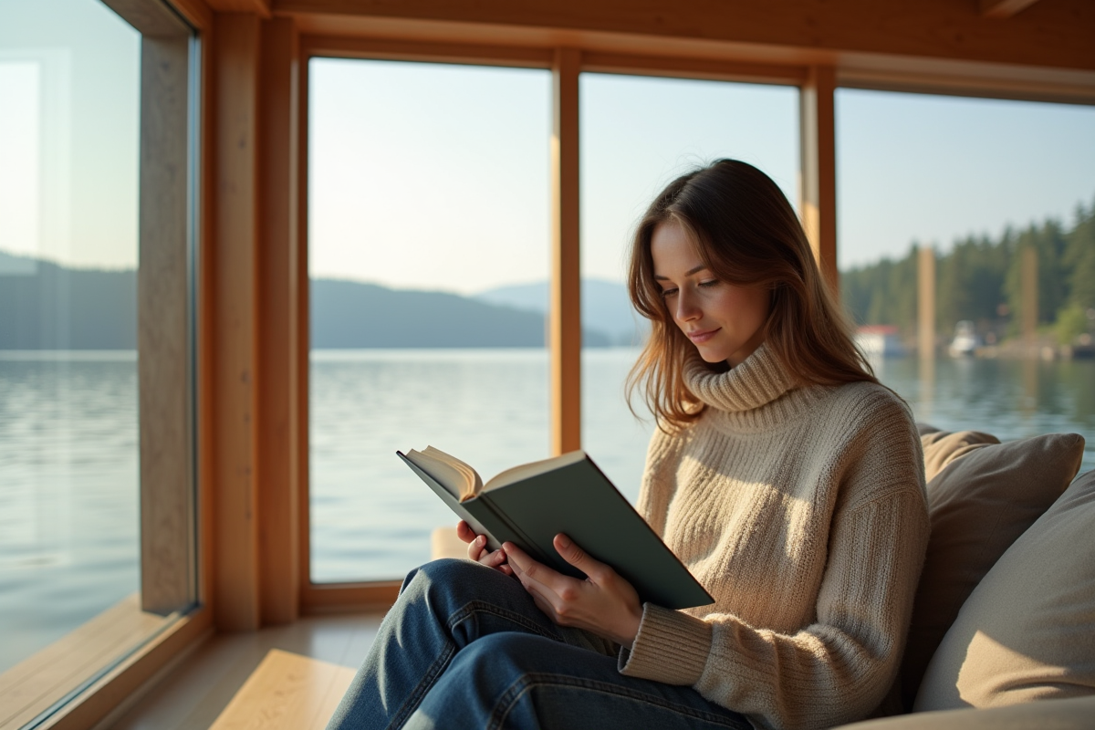 Jeune femme lisant dans le salon d