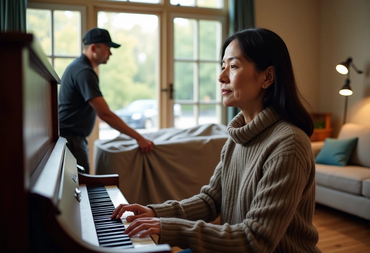 Femme assise près d’un piano en train d’être emballé par des déménageurs