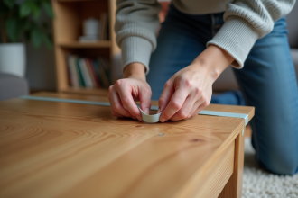 Femme appliquant du ruban de protection sur une table en bois
