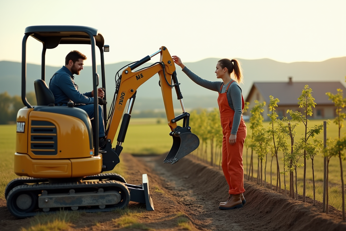 Jeune femme inspectant un mini excavateur en milieu rural