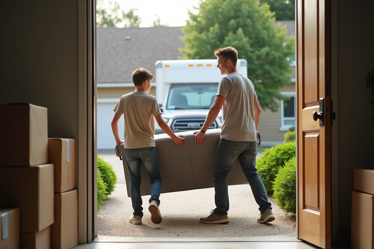 Père et fils déplaçant un canapé dans une maison en banlieue