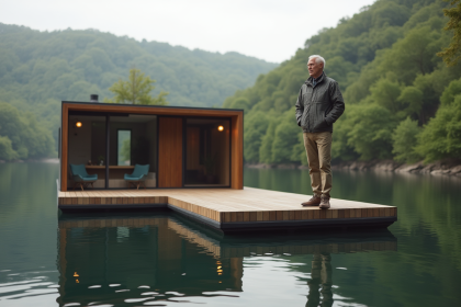 Homme d'&acirc;ge moyen sur la terrasse d'une maison flottante moderne