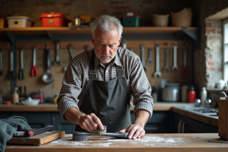 Homme d'âge moyen nettoyant une clé à molette dans un garage