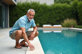 Homme d'âge moyen près de la piscine moderne en été