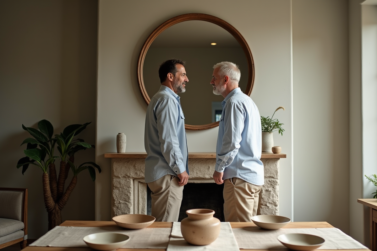 Homme regardant son reflet dans un miroir dans une salle à manger chaleureuse