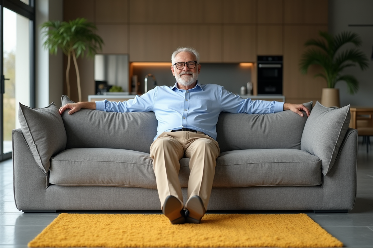 Homme assis sur un canapé avec tapis moderne dans un salon