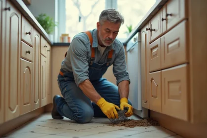Homme en salopette posant une trappe dans une cuisine moderne