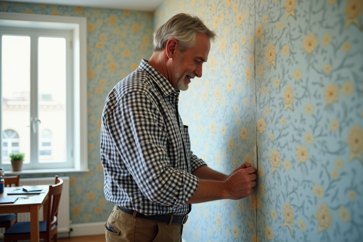 Homme vérifiant la jonction entre deux papiers peints