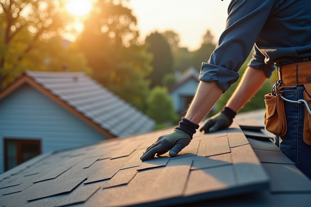 Installateur de tuiles de toit en pente douce avec outils visibles