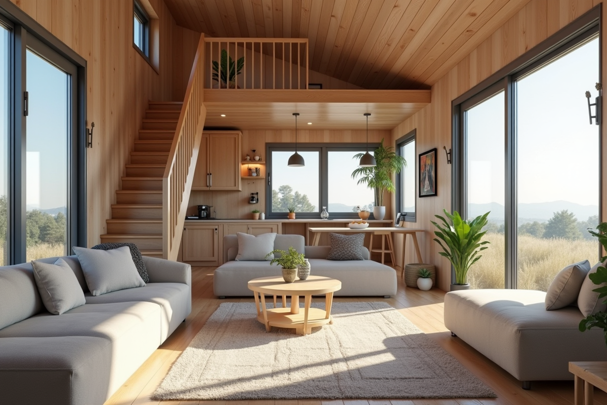 Intérieur d'une tiny house avec mobilier multifonctionnel et escalier étroit