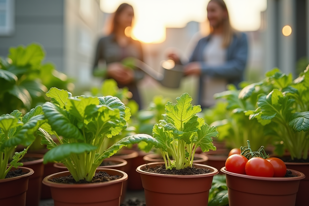 Petit jardin en balcon avec légumes verts et jeune jardinier