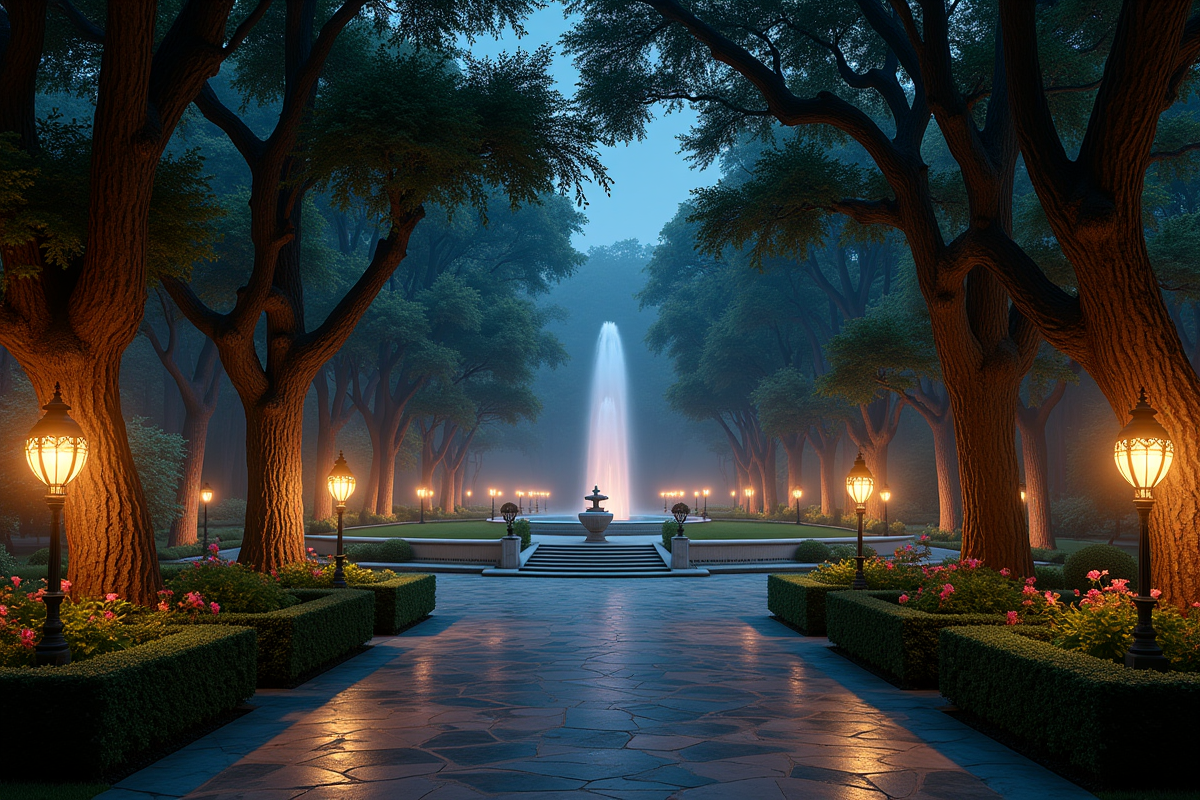 Jardin classique la nuit avec fontaine et lanternes