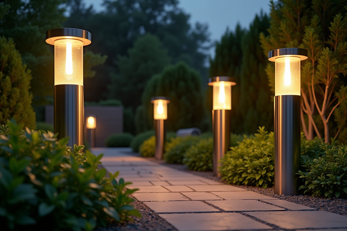 Jardin moderne avec éclairage métallique extérieur au crépuscule